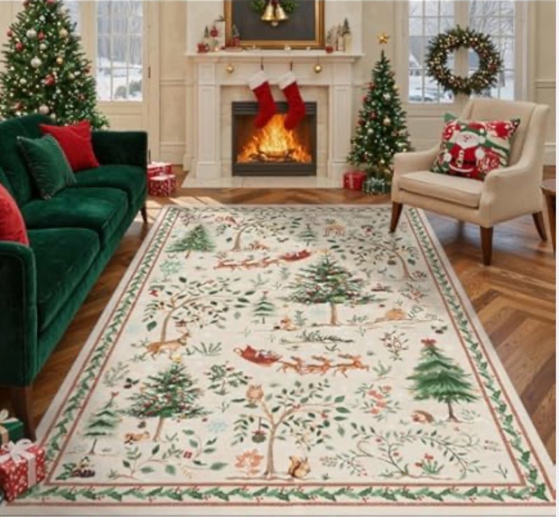 LIVEBOX 8x10 Christmas Area Rugs for Living Room, Non-Slip Neutral Beige Washable Holiday Rugs, Chri