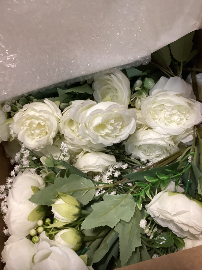 Condition photo showing As Is for zeyune 12 sets mason jar centerpiece table decorations, artificial peony baby's breath flower bouquets, faux flowers with vase, rustic decor gifts for home, wedding, holiday (white) white 12