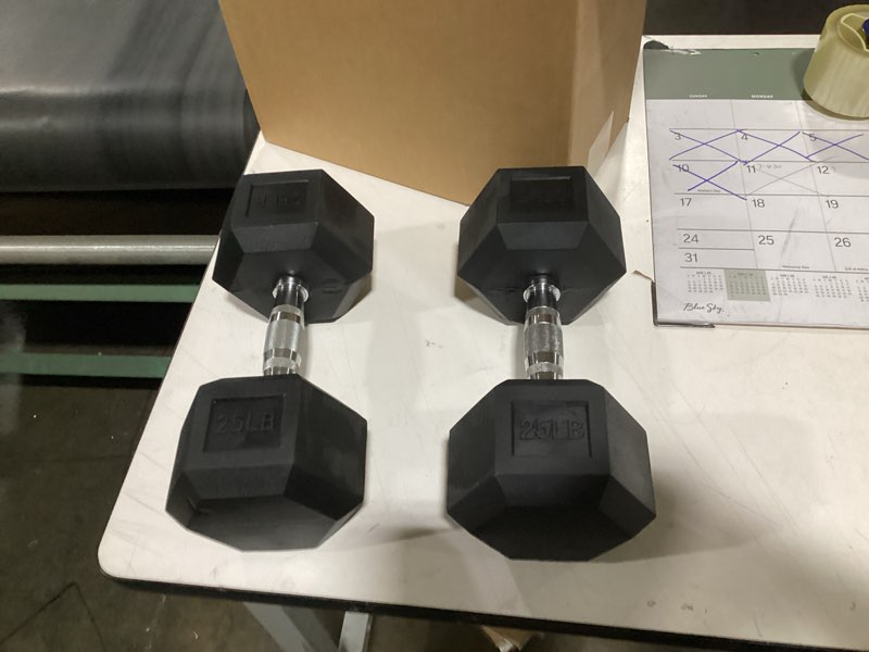 Condition photo showing Good Condition for signature fitness premium rubber encased hex dumbbell 25 lbs pair