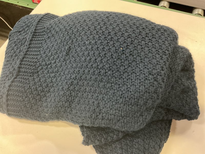 Condition photo showing As Is for navy blue throw blanket, sweater-soft moss knit, 50" x 60" | cozy lightweight, soft silky touch, warm & breathable, reversible decorative textured, all-season knit throw for couch, bed moss-navy blue 50"x60"