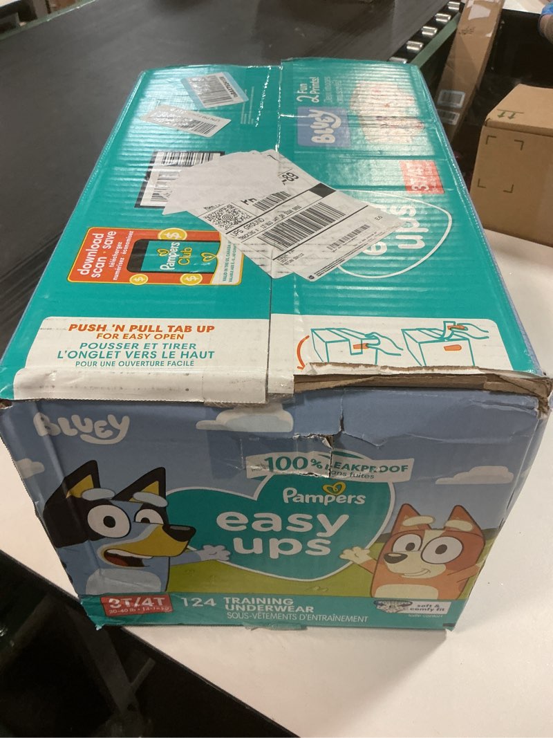 Condition photo showing New/Like New for Pampers Training Pants - Easy Ups Boys & Girls Bluey - Size 3T-4T, 124 Count, Children's Potty Underwear (Packaging May Vary) 3T-4T 124