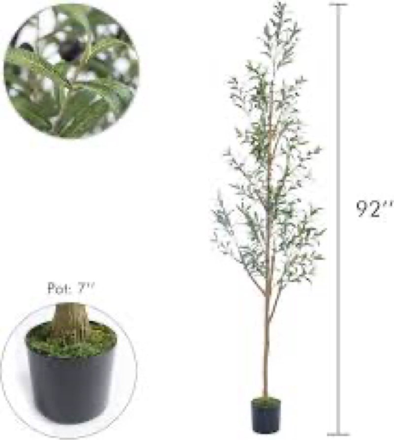 7.6FT (92'') Olive Tree Tall Skinny Artificial Plants for Home Indoor, Fake Potted Olive Silk Tree f