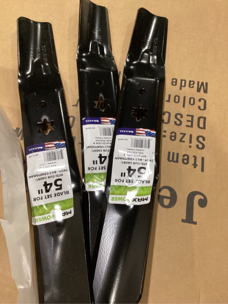 Condition photo showing New/Like New for 3 Blade Set for Many 54 in. Cut MTD, Cub Cadet, Troy-Bilt, Craftsman Mowers Replaces OEM #'s 942-05056, 742-05056