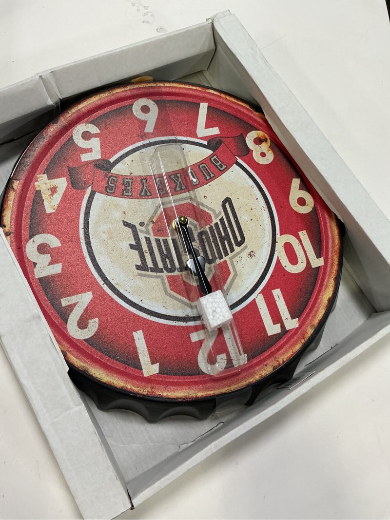 Condition photo showing Good Condition for Hanna's Handiworks Ohio State University NCAA Bottle Cap Clock Vintage Metal Wall Art – Show Your Buckeyes School Spirit in Your Man Cave, Dorm, Bedroom, College Apartment with OSU Fan Décor 13" Dia Ohio