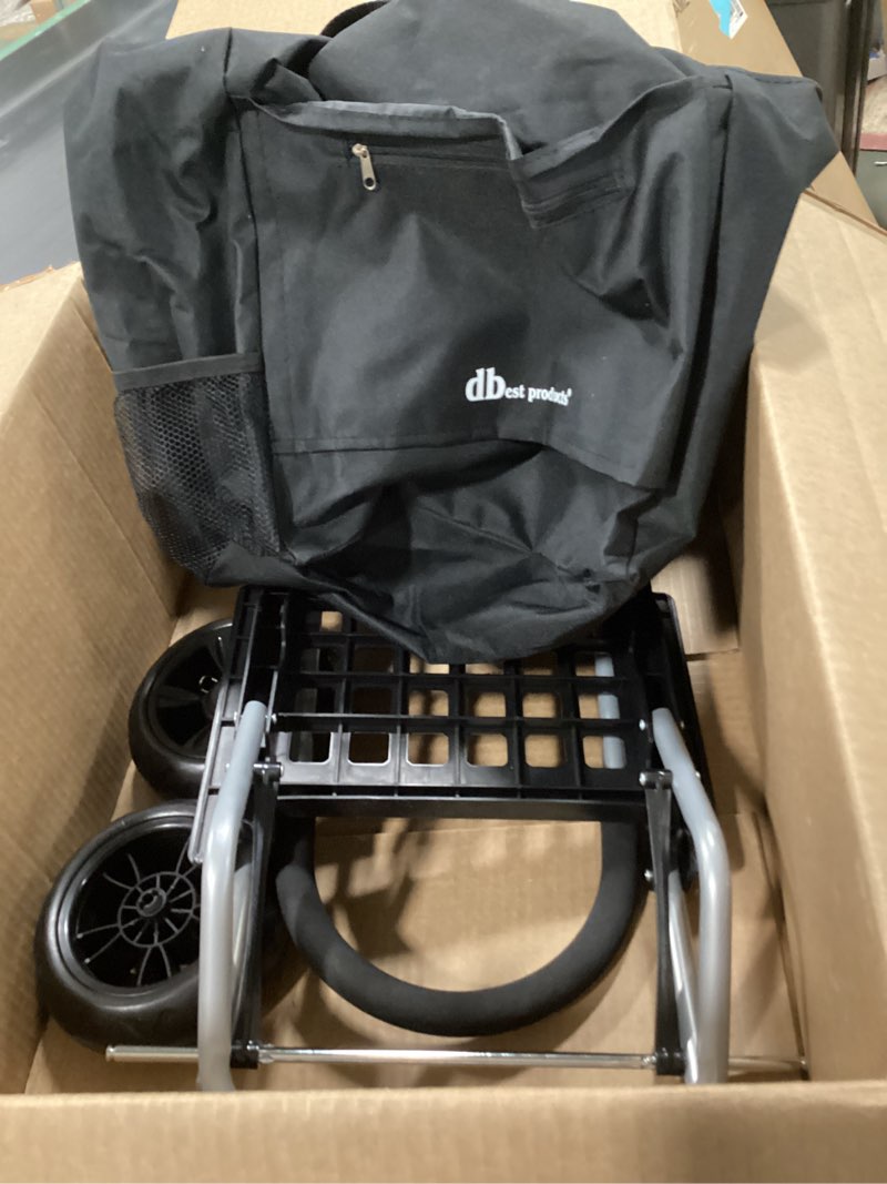 Condition photo showing As Is for dbest products Trolley Dolly Black Foldable Shopping cart for Groceries with Wheels and Removable Bag and Rolling Personal Handtruck Standard Cart Black