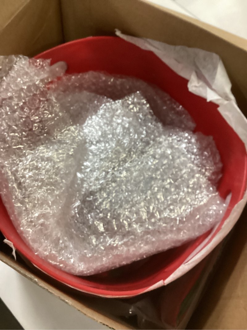 Condition photo showing As Is for (3) Holiday Santa Belt Plastic Buckets, Red Christmas Storage Tubs with Handles, for Party Decor, Gifts, Candy and Cookie Storage, Ice Bucket for Drinks 9x9x8