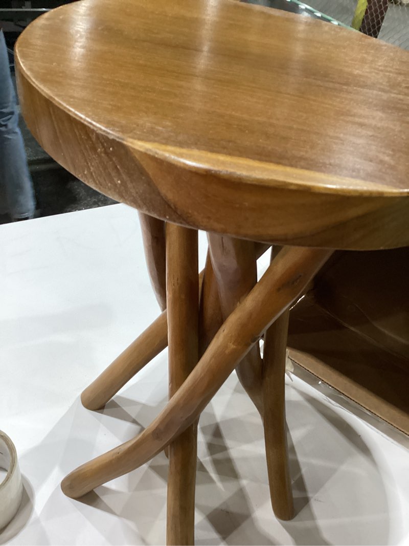 Condition photo showing As Is for 11.8" Teak Side Table | Wood Plant Stand | Stick Leg Teak Stool | Accent Table for Living Room, Bedroom, Yard, 17.7" Tall