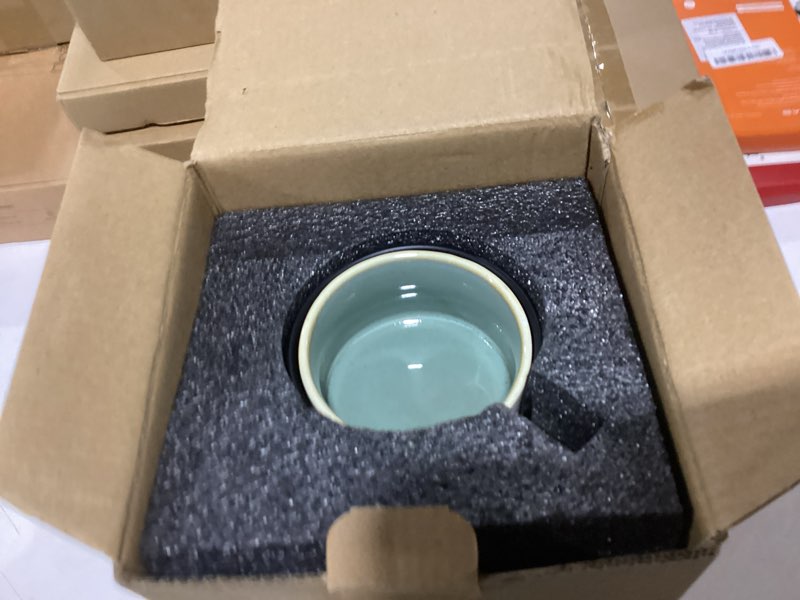 Condition photo showing As Is for luka 6 ounce porcelain stackable espresso cups with saucers and metal stand set of 4, ceramic cappuccino cups set for specialty coffee drinks, latte, cafe mocha and tea, white green interior white-green