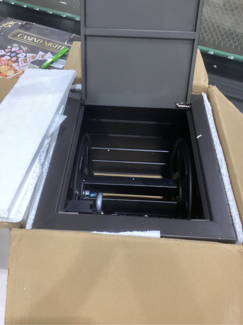 Condition photo showing New/Like New for metal garden hose reel box, heavy duty 150ft 5/8" large capacity hose storage deck box with hose guide, 6ft leader hose, leak-proof aluminum water connection, manual crank handle easy essemble (black)