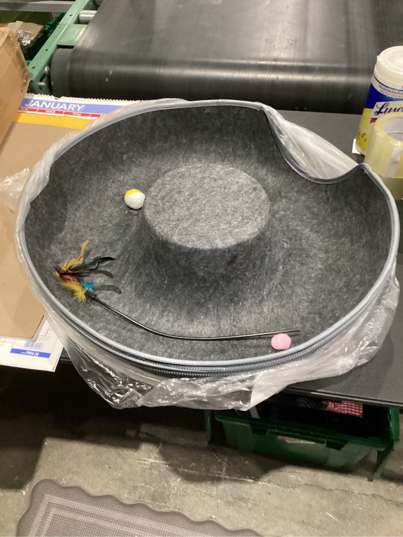 Condition photo showing As Is for Cat Tunnel Bed, Cat Tunnels for Indoor Cats Large, Peekaboo Cat Cave, Cat Hideaway Folded Cat Donut Tunnel, Detachable Round Felt & Washable Interior Cat House (24 in * 24 in* 11 in Large) Dark Gray