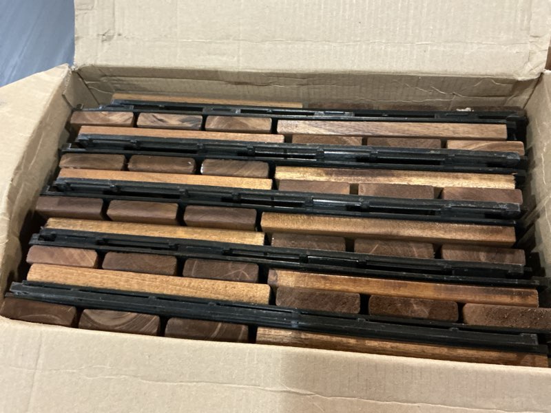 Condition photo showing Good Condition for premium deck tiles, 10 pcs patio flooring - golden teak - crossed | square joints - interlocking deck tiles, 12"x12"x0.9" waterproof acacia wood for balcony, backyard, indoor & outdoor golden teak set 10 - crossed pattern