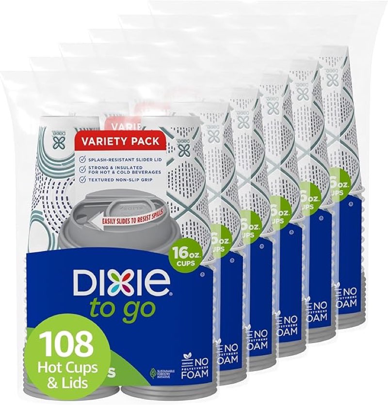 dixie to go paper coffee cups with lids, 16 oz, 108 count (6 packs of 18 cups), disposable insulated paper cups for on-the-go hot or cold beverages