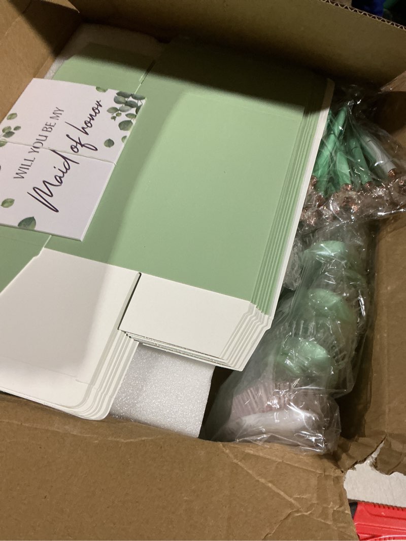 Condition photo showing Good Condition for 64 Pcs Sage Green Bridesmaid Proposal Gifts, Include Bridesmaid Gift Box Makeup Bags Invited Cards Scrunchies Brushes Bracelets