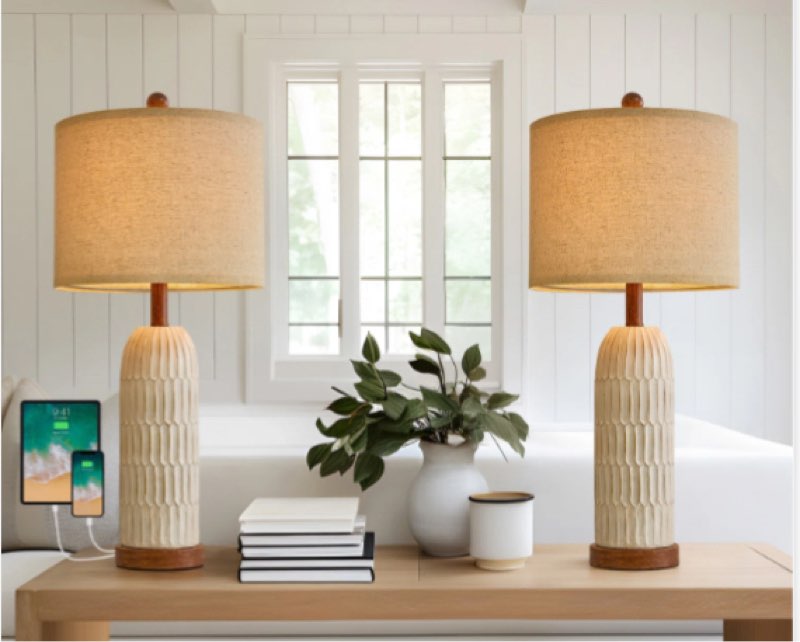 26.5” resin farmhouse table lamp set, usb port, living room, bed room