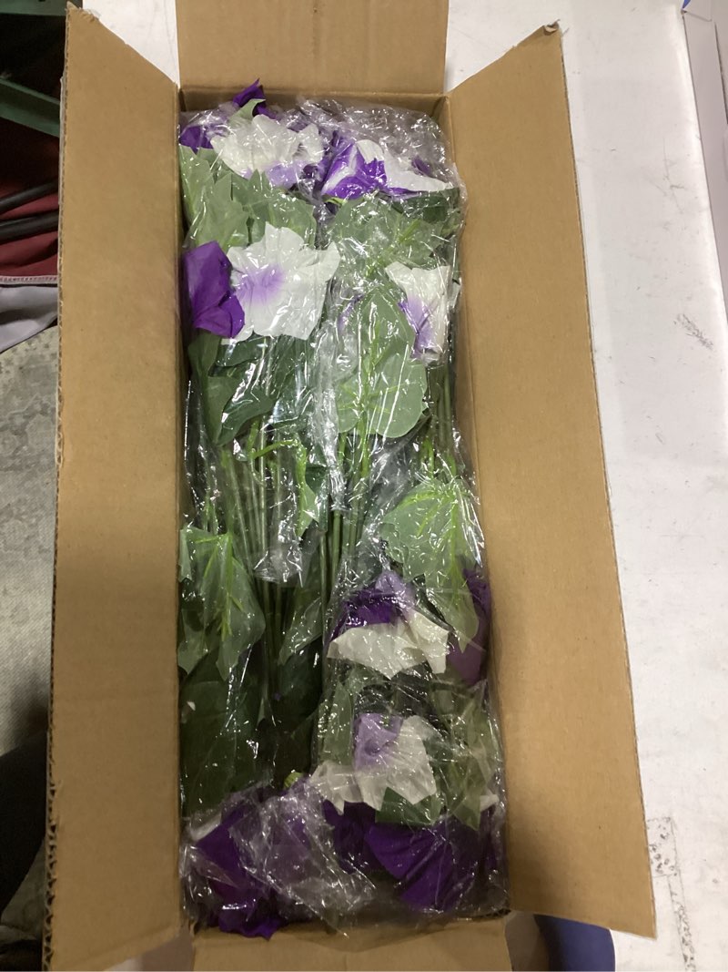 Condition photo showing Good Condition for artificial flowers for outdoors, faux petunias spring summer decoration, fake flowers plants uv resistant look real silk flowers for outside planter front door porch patio yard (6, purple-white) purple-white 6