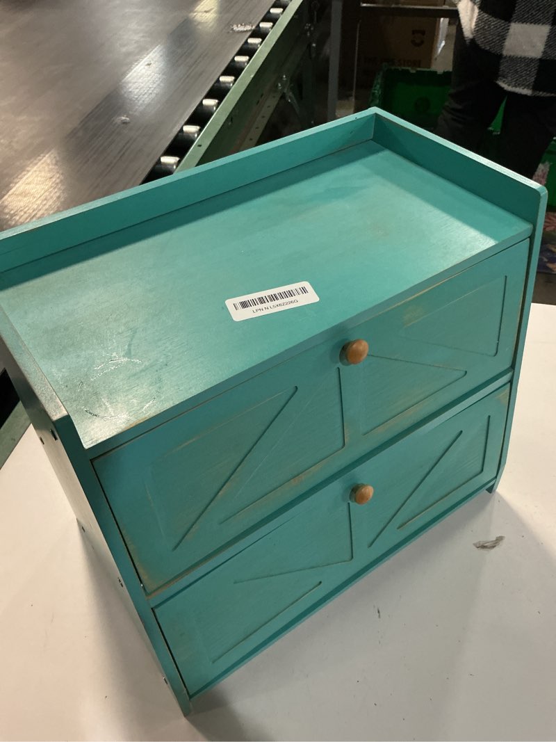 Condition photo showing As Is for Vintage Double Layer Bread Box for Kitchen Counter Bamboo Bread Storage Container Large Capacity Bread Storage Bin (Antique Blue)