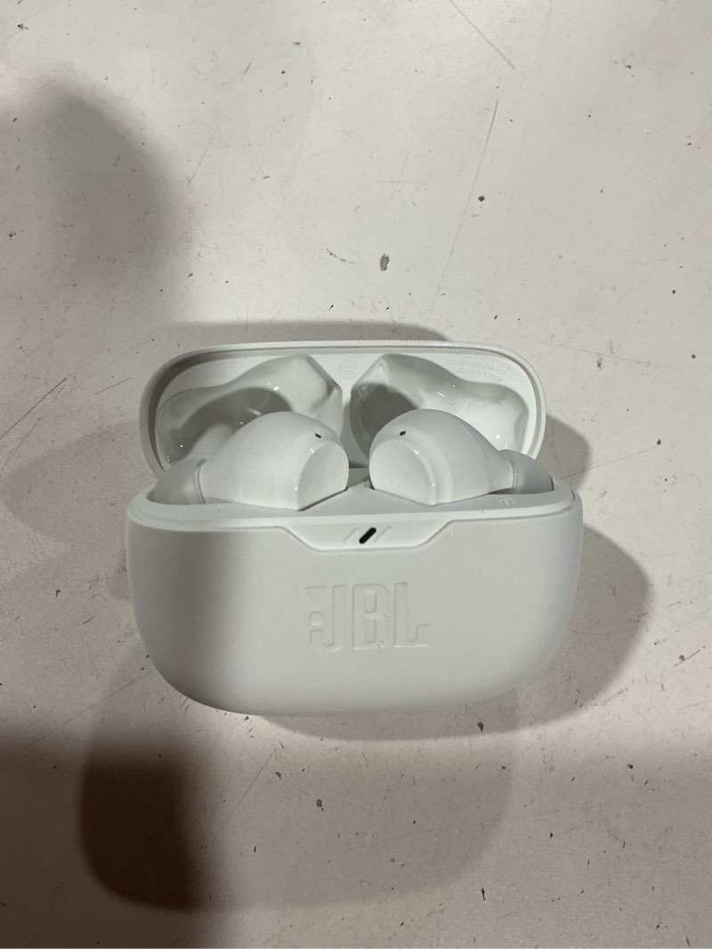 Condition photo showing Good Condition for jbl vibe beam - true wireless jbl deep bass sound earbuds, bluetooth 5.2, water & dust resistant, hands-free call with voiceaware, up to 32 hours of battery life (white) white earbuds