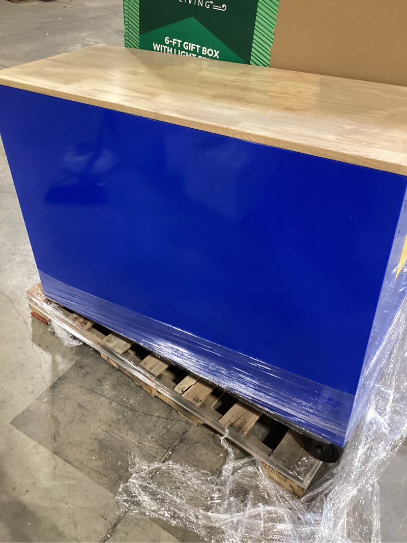 Condition photo showing As Is for Kobalt 46.1-in L x 37.2-in H 9-Drawers Rolling Blue Wood Work Bench 19207