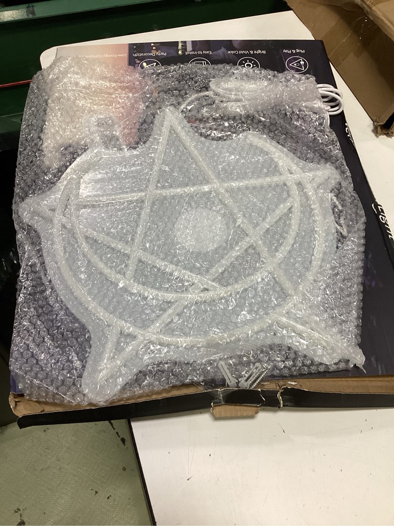 Condition photo showing Good Condition for moon and pentagram neon sign, satanic neon signs for wall decor, led gothic baphomet inverted light up signs for bedroom bar man cave birthday party gifts red yellow