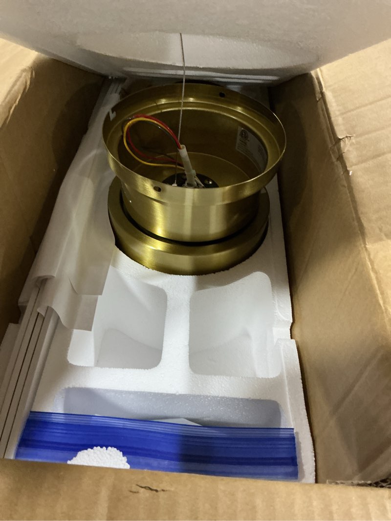 Condition photo showing As Is for wingbo 52" flush mount dc ceiling fan without lights, 4 reversible blades, ultra quiet 6-speed dc motor, hugger low profile indoor ceiling fan no lights, brass finish brass 52"