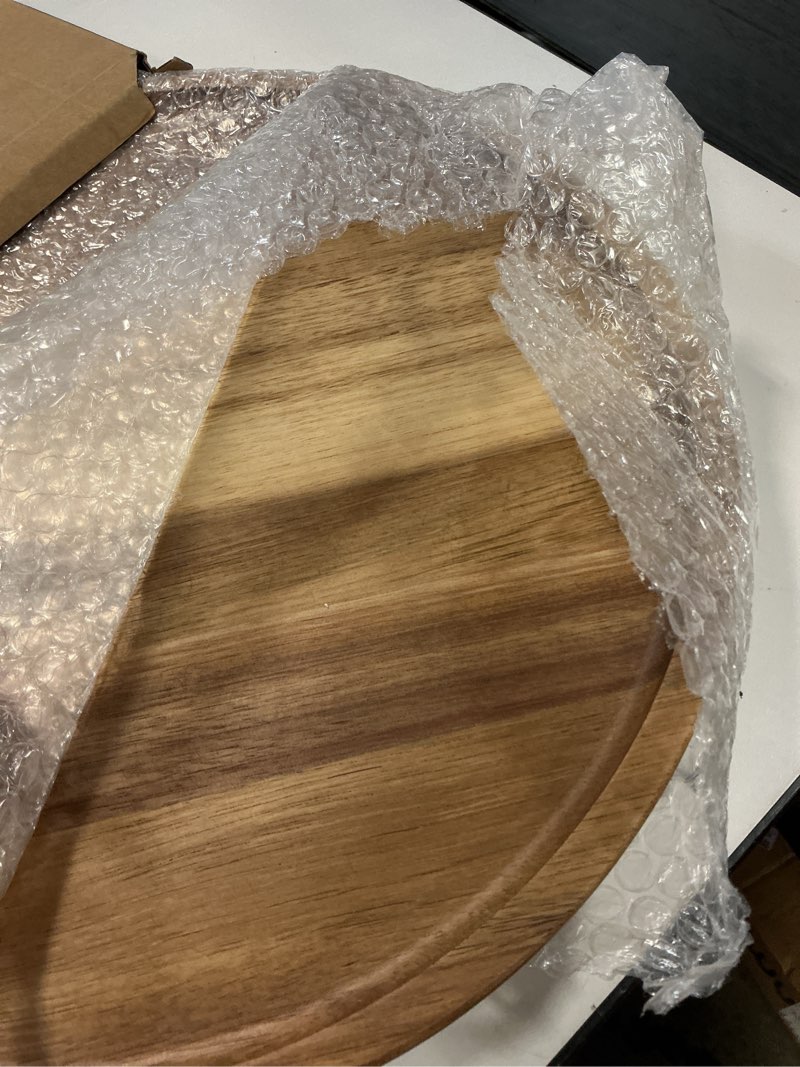Condition photo showing As Is for Round Wooden Serving Tray, 11 Inch Acacia Decorative Tray for Home Decor, Coffee Table, Farmhouse Style Wood Tray for Small Candle, Vases, Jewelry Organizer, Home Kitchen Dining Tabletop Decor Natural 11"