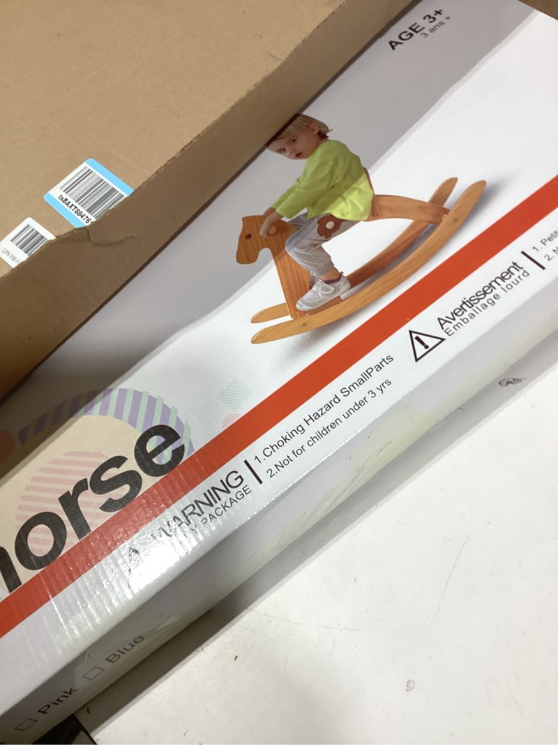 Condition photo showing New/Like New for rocking horse wooden ride on toy for kids classic design rocking horse with pedal and safe backrest fine workmanship(classic, natural)