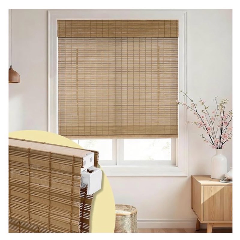 no drill no tools bamboo roman shades, cordless light filtering window blinds with valance, natural woven wood shades for living room dining room, brown, 22" w x 64" h