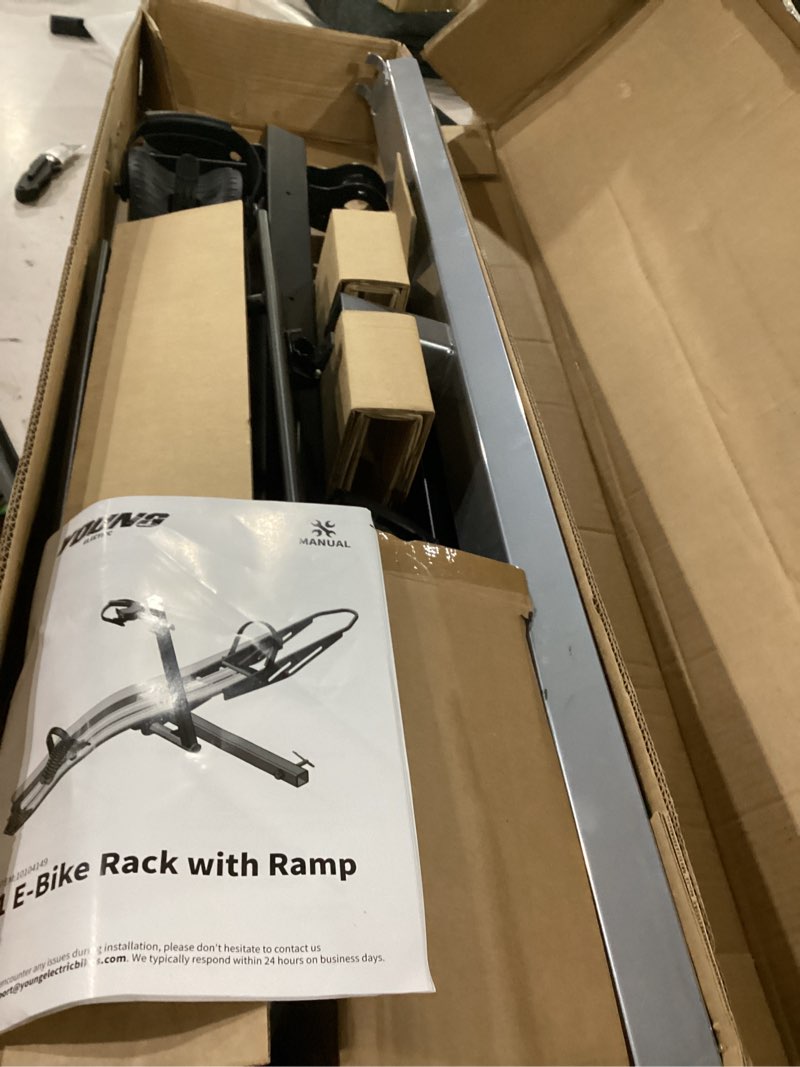 Condition photo showing As Is for young hitch mount bike rack with ramp, 200 lbs. capacity for 2 e-bikes, fat tire and standard, fits cars, suvs, rvs, trailers with 2 inch receiver