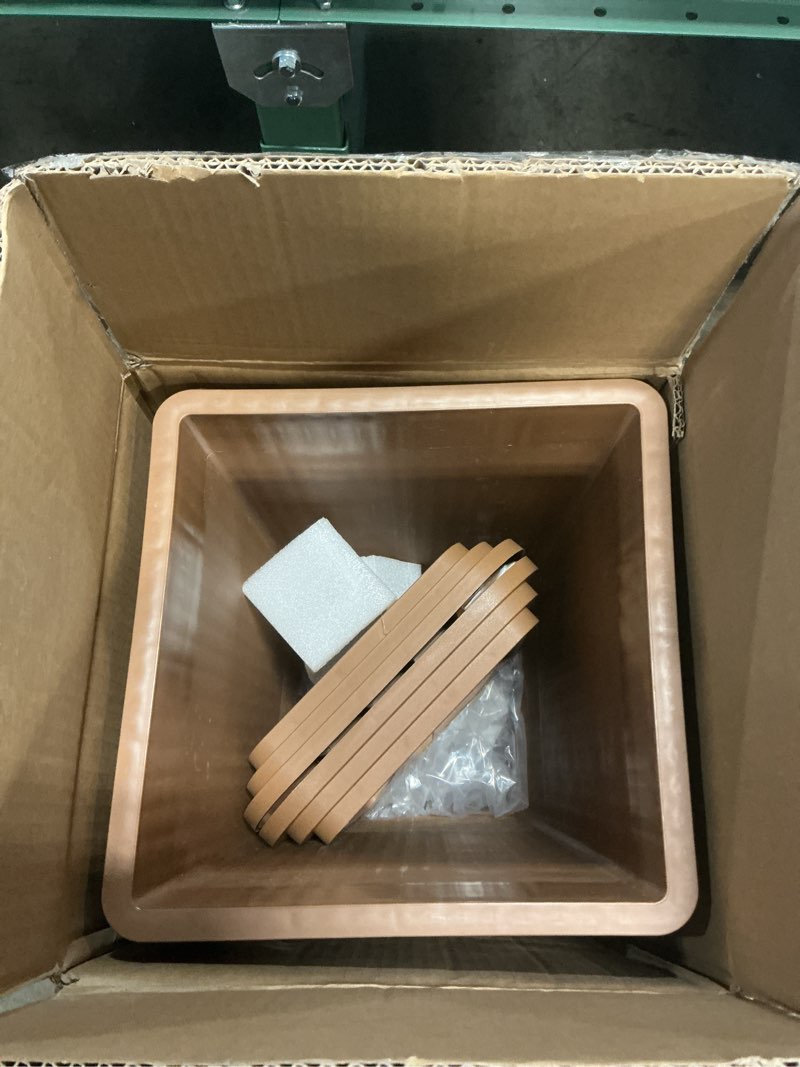 Condition photo showing New/Like New for set of 2 large planters for outdoor plants 24" tall tapered modern flower pots with drainage tray for garden, patio, porch (brown ribbed) brown ribbed 24"