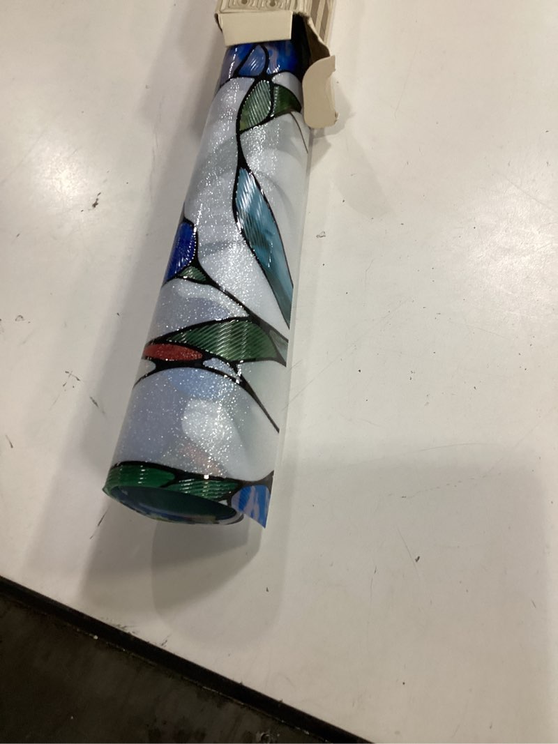 Condition photo showing Good Condition for 3d stained glass window film, decorative window privacy film for bathroom,front door,home, sun blocking heat control,static cling, blue eustoma 23.6inch x 35.4inch