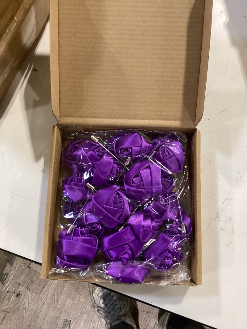 Condition photo showing New/Like New for m meterxity 24-pack flower lapel pins for men, rose boutonnieres pin groom boutonnieres for wedding/dance/party, men lapel pins for suits satin flower corsage [deep purple]