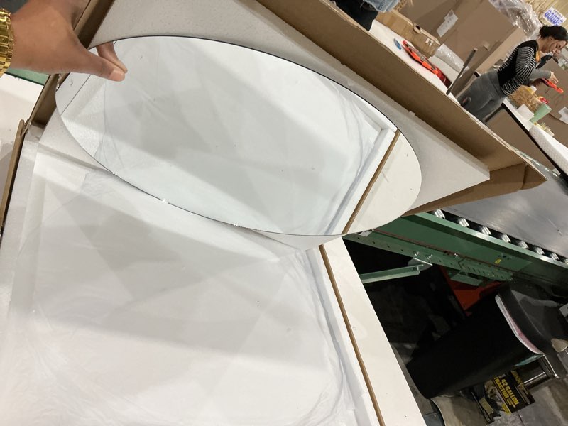 Condition photo showing Good Condition for 16 x 20 glass oval bathroom mirror for over sink, frameless small oval wall mirror for bathroom, vanity, bedroom, living room, entryway, home wall decor, 2-sided adhesive tapes include 15.7"l x 19.7"w