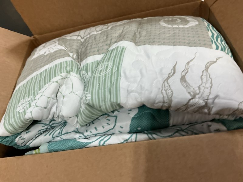 Condition photo showing Good Condition for coastal quilt set queen size, beach coverlet sage green starfish coral seashell bedspread, ocean beach themed bed cover, microfiber soft lightweight bedding sets for all seasons (96"×90") queen sage green