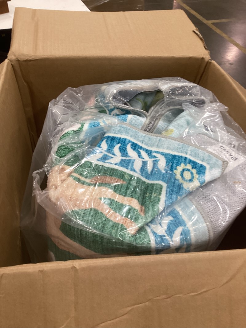 Condition photo showing Good Condition for 8x10 washable rug for living room blue animal print large bedroom rugs non slip forest nursery girls room throw carpet stain resistant whimsical safari area rugs for home office, teal/blue soft teal/mint blue 8' x 10' (rectangular)