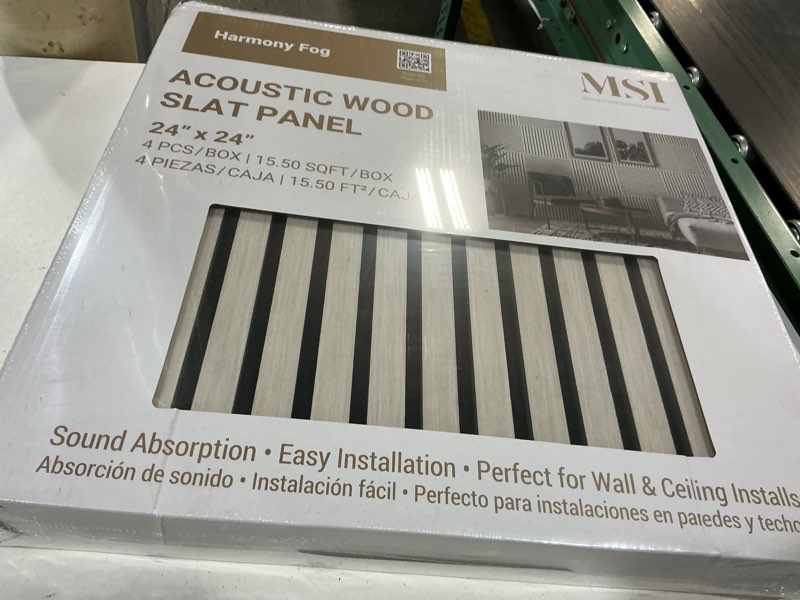 Condition photo showing New/Like New for msi harmony fog 24 in. x 24 in. gray light wood slat decorative acoustic sound absorbing panels (4-pack/15.5 sq. ft.)