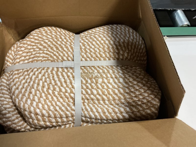Condition photo showing New/Like New for 5 pack decorative small storage baskets for shelves, cotton rope woven basket for organizing bathroom, nursery, closet, cabinet, toys & socks, gift baskets empty, 11.8"x7.9"x4.7", khaki