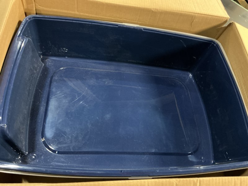 Condition photo showing As Is for iris usa cat litter box xx-large open top with high sided walls tall scatter shield scoop included easy clean plastic pan for big cats kittens multi-cat households 30"l x 20"w x 14"h navy xxl navy