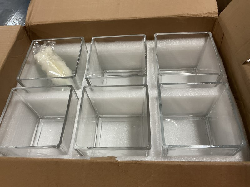 Condition photo showing Good Condition for 6 Pack Square Glass Vases 5 x 5 x 5 Inch, Clear Cube Flower Vases for Centerpieces, Candle Holders for Wedding Party Home Decor