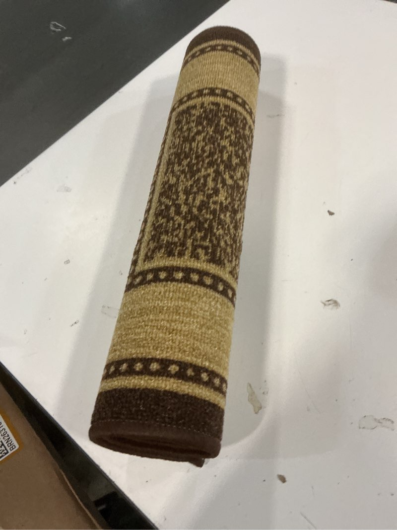 Condition photo showing Good Condition for Kapaqua Custom Size Brown Gold Beige Bordered Rubber Backed Non-Slip Hallway Stair Runner Rug Carpet 31 inch Wide Choose Your Length 31in X 1ft Bordered Brown 2'7" x 1' (Runner)
