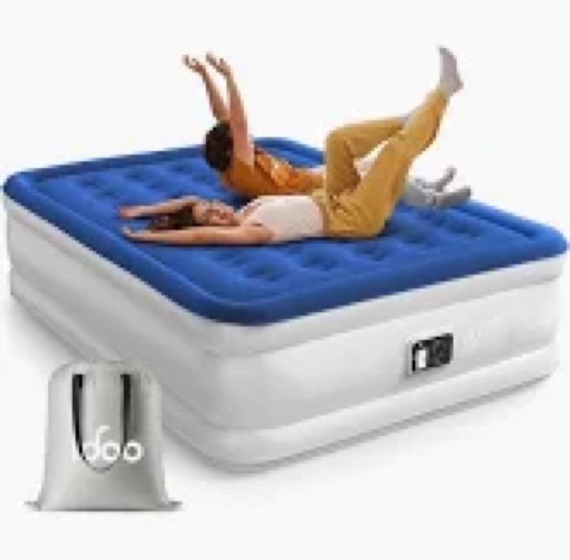 Blue & White Air Mattress With Built-In Pump Comfort Blow Up Mattress