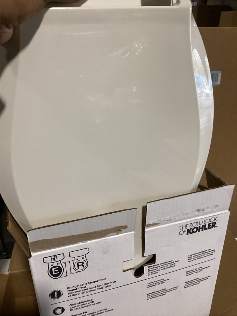 Condition photo showing As Is for KOHLER K-4636-96 Cachet Quiet Close Elongated Toilet Seat, Slow Close Lid and Seat, Grip-Tight Bumpers and Installation Hardware, Biscuit Biscuit Elongated Non Ready Latch