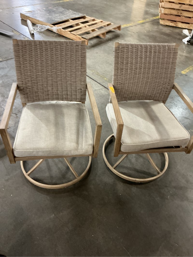 Condition photo showing As Is for allen + roth winslow set of 2 wicker light brown steel frame swivel rocker dining chair with gray cushioned seat