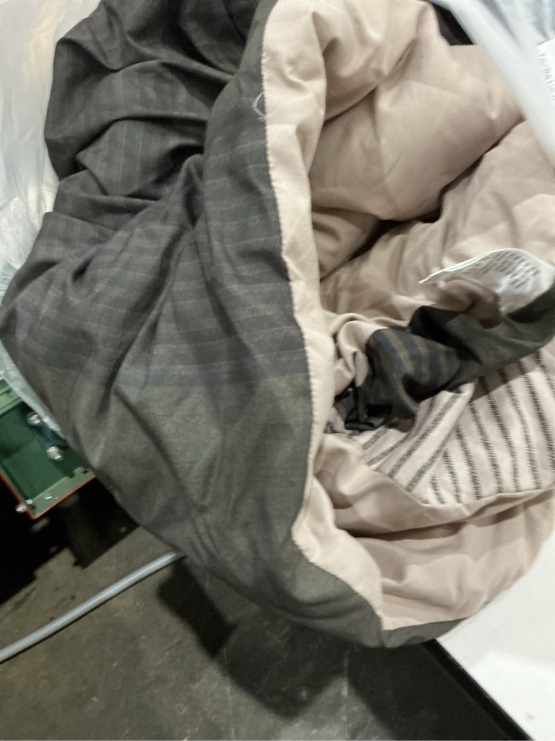 Condition photo showing As Is for anibedding brown queen comforter set 7 pieces, chocolate and white patchwork striped bed in a bag with sheet pillowcase for queen bed all season chocolate queen