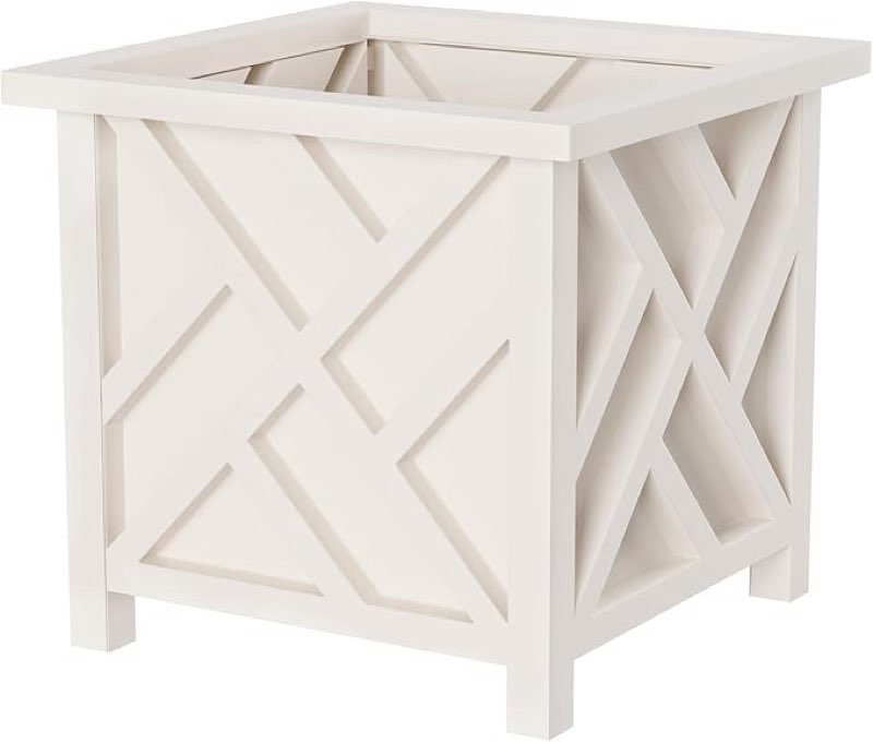 Lattice Design Outdoor Planter Box - 14.75” Square 13” Tall White Plant Pot - Decorative Plant Pots for Front Porch Decor - Flower Pots Outdoor Planters for Porch Patio or Garden Decor by Pure Garden