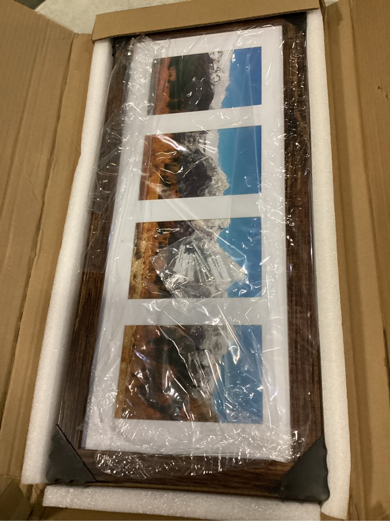 Condition photo showing New/Like New for 8x20 picture frame set of 2, rustic brown wood frame with tempered glass collage frame, display pictures four 4x6 with mat or 8 x 20 without mat - horizontal or vertical wall mounting 8x20 in matted to 4-4x6 rustic brown