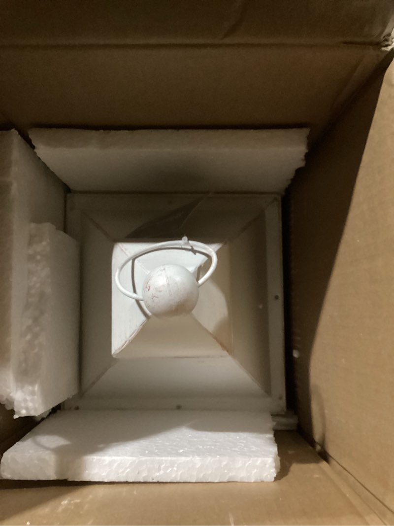 Condition photo showing Good Condition for Glitzhome Large Farmhouse Wooden Metal Lantern Set of 2, 28.74" H/20.47" H Rustic Decorative Floor Candle Lanterns, Distressed Hanging Lanterns for Home Décor White (No Glass) Diamond White