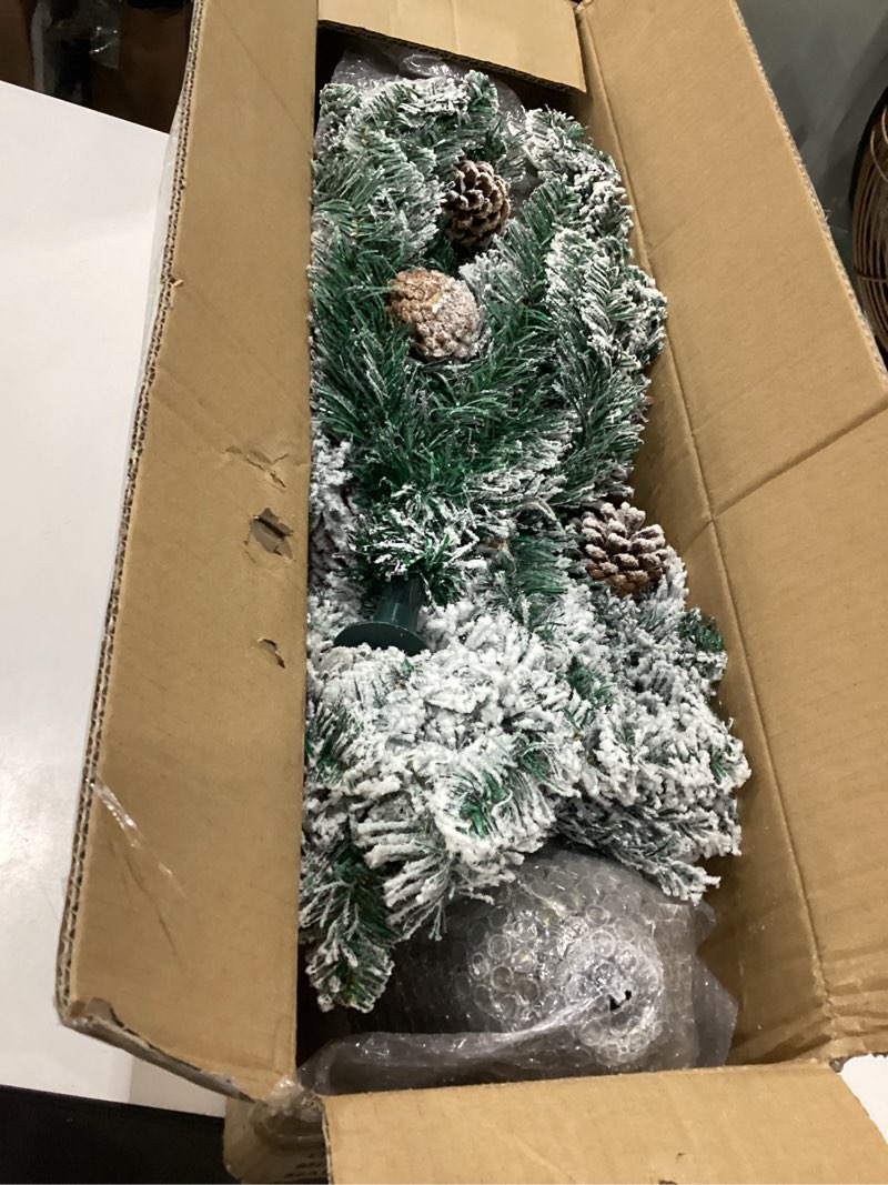 Condition photo showing Good Condition for 2 pack 4 ft snow flocked christmas entrance tree in pot base with timer 8 mode 60 warm white and colorful change lights 12 pine cone battery operated for porch front door entryway home 4ft 2 pack flocked potted trees