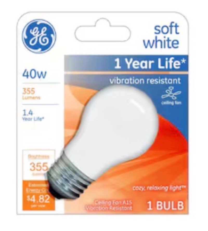 Lamp Qty 24 per case, Uses 40 Watts (355 lumens) Rated to last 1.4 years based on 3 hours per day use Each bulb costs 4.82 dollars annually to operate based on 3 hours per day use at 11 cents per kWh