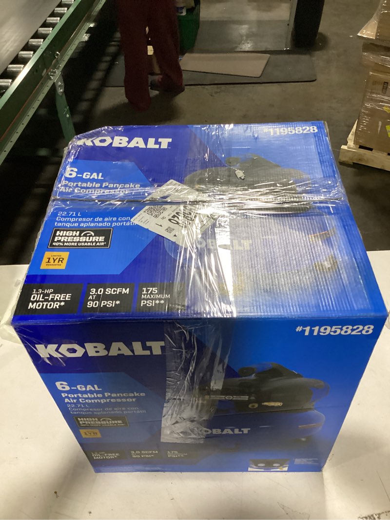 Condition photo showing As Is for Kobalt 6-Gallon Portable Electric 175 PSI Pancake Air Compressor