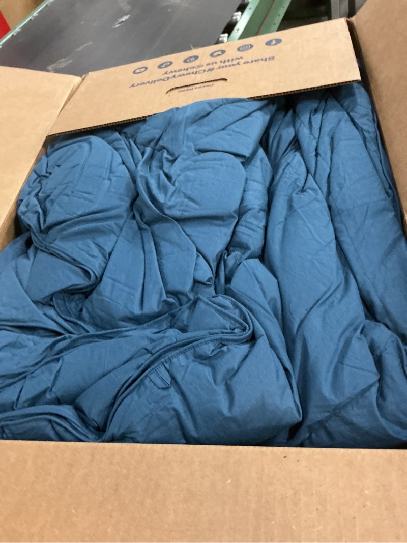 Condition photo showing As Is for unikome pinch pleat goose feather down comforter - 20% extra fill, 108oz, all season duvet insert with 100% cotton cover, cloud-like fluffiness (navy, king,106"x90") pinch pleat-navy king